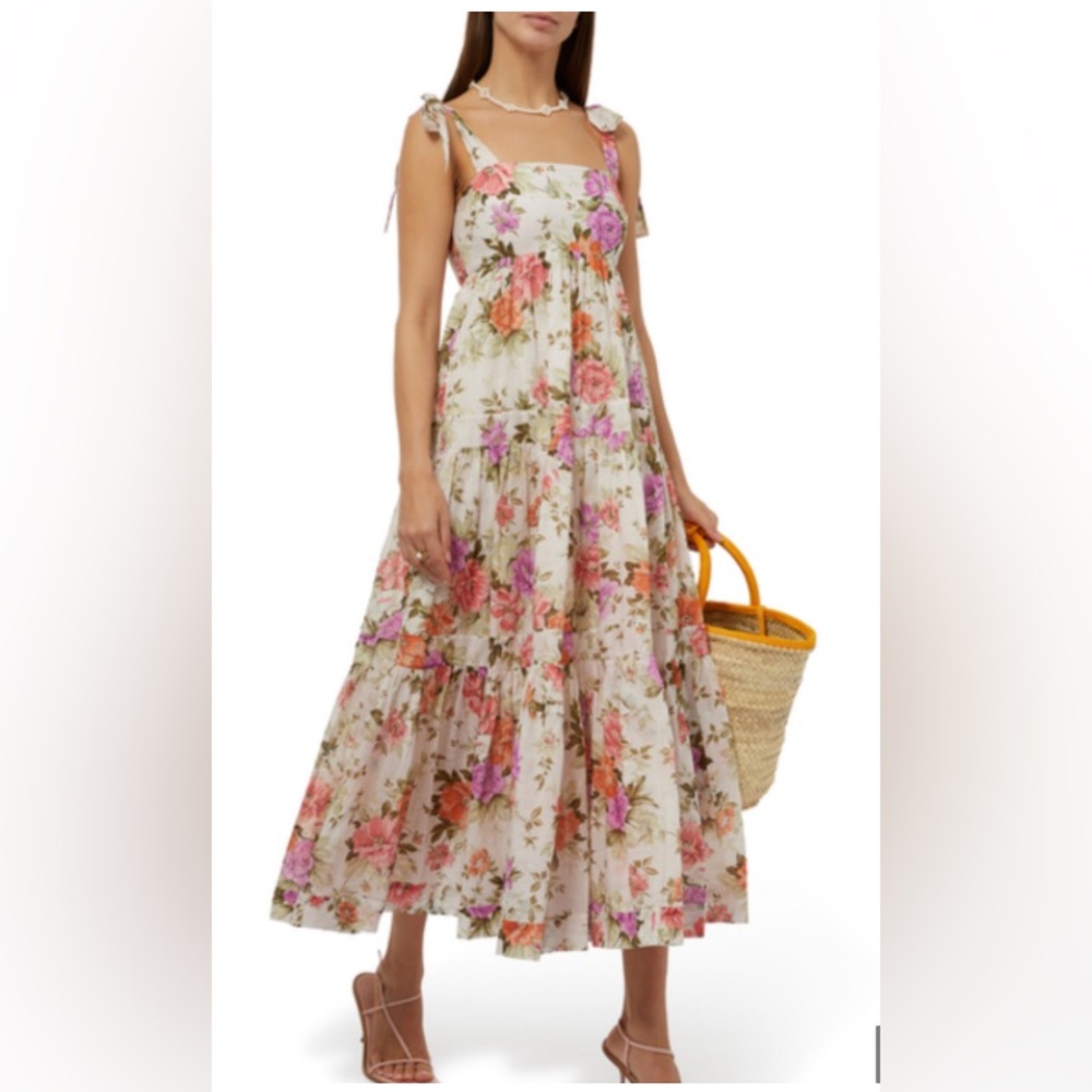 Zimmermann Floral Tie Shoulder Midi Dress Cottom Voile Ivory Tiered - Zim Size 2 - Picture 3 of 4